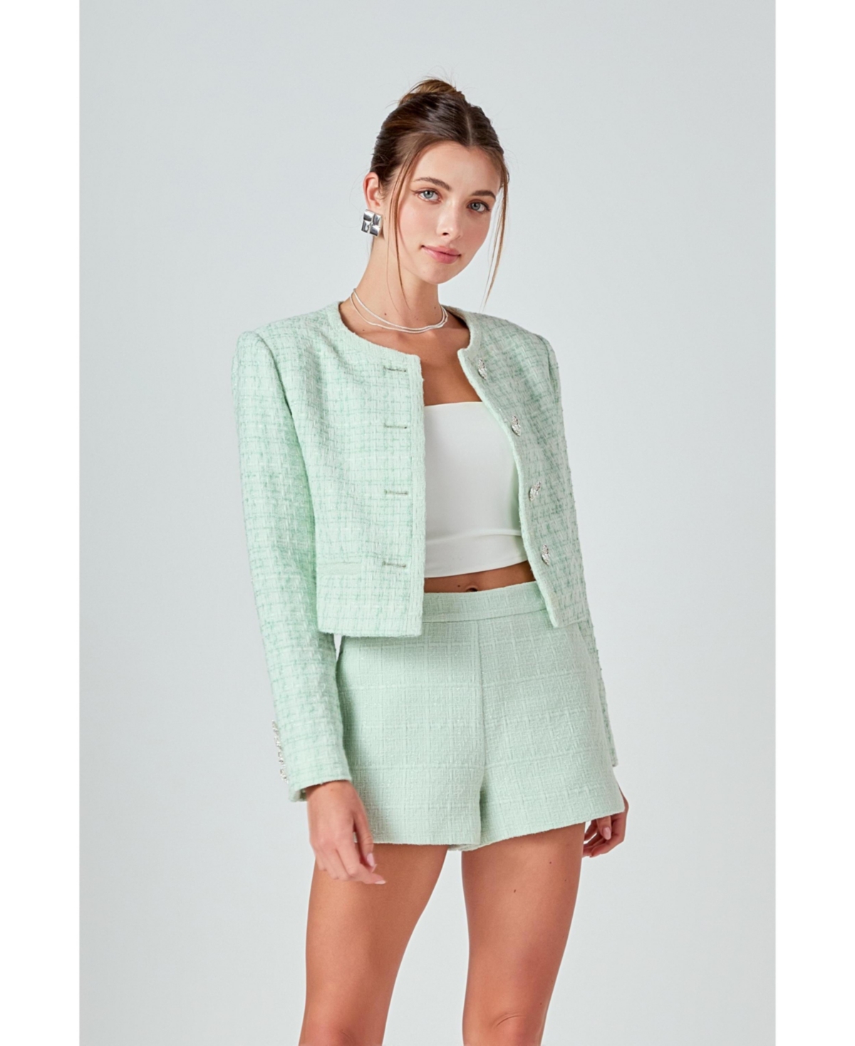 Women's Tweed Combo Relaxed Jacket - Pistachio