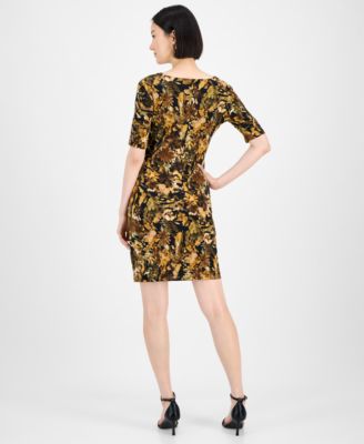Petite Floral Draped-Neck Elbow-Sleeve Dress