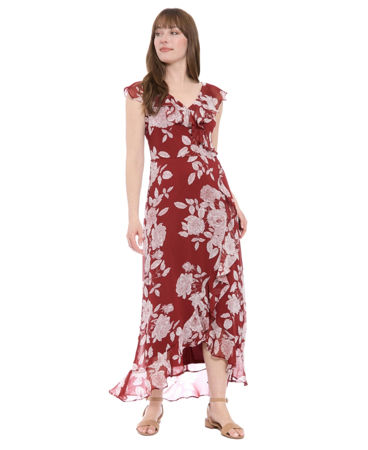 Petite Printed Ruffled-Collar Maxi Dress - Wine White
