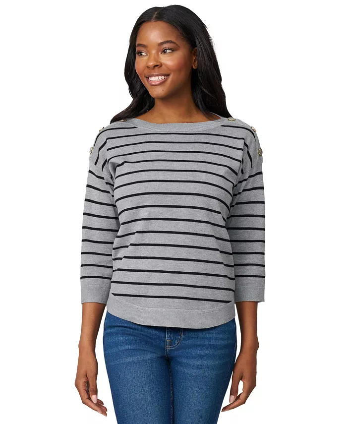 Women's Striped Button-Shoulder Boatneck 3/4-Sleeve Sweater