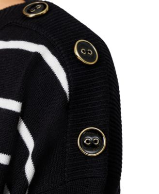 Women's Striped Button-Shoulder Boatneck 3/4-Sleeve Sweater