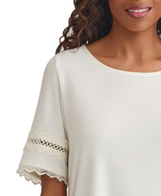 Petite Lace-Trim Elbow-Sleeve Knit Top