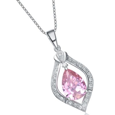 Sterling Silver White Gold Plated with Pink Teardrop and White Cubic Zirconia Pendant