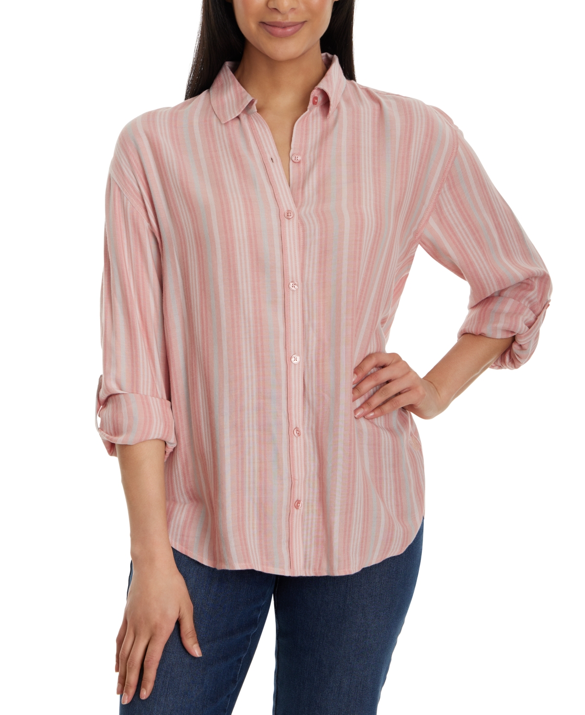 Women's Amanda Striped Roll-Tab-Sleeve Button-Front Shirt - Guava Ice - Track Stripe