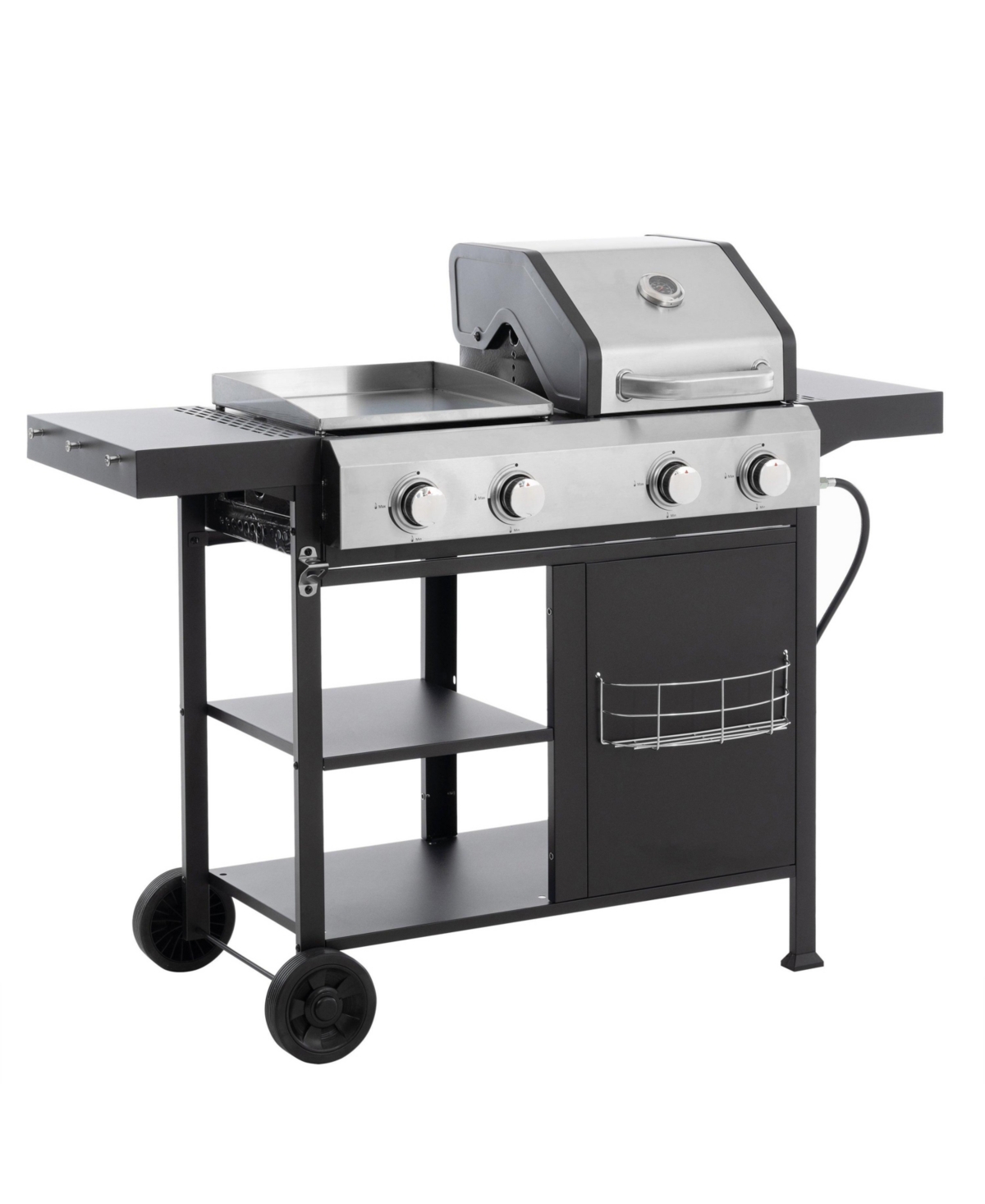 Stainless Steel 4-Burner 49200 Btu Propane Gas Barbecue Grill with Lid, 4 Wheels - Black
