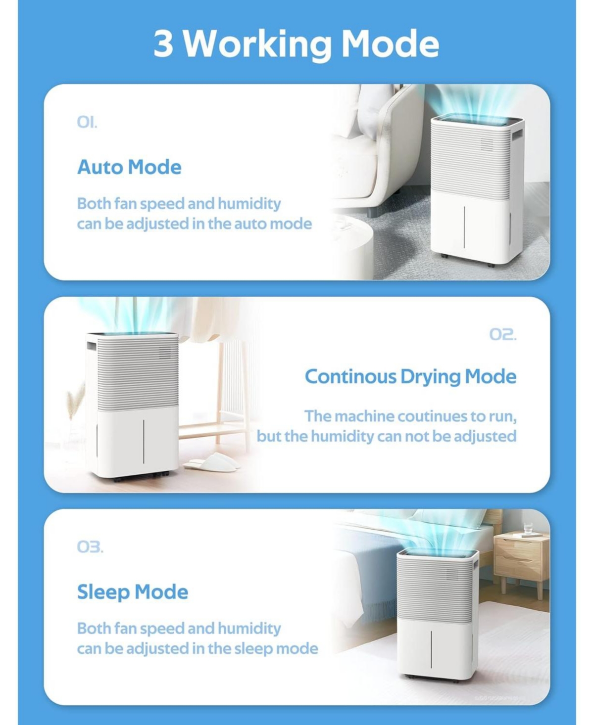 Cowar 45-Pint Dehumidifier for Home, Basement & Large Rooms, White, Auto/Manual Drain, 3 Modes, Auto Defrost, Dry Clothes, 12H Timer