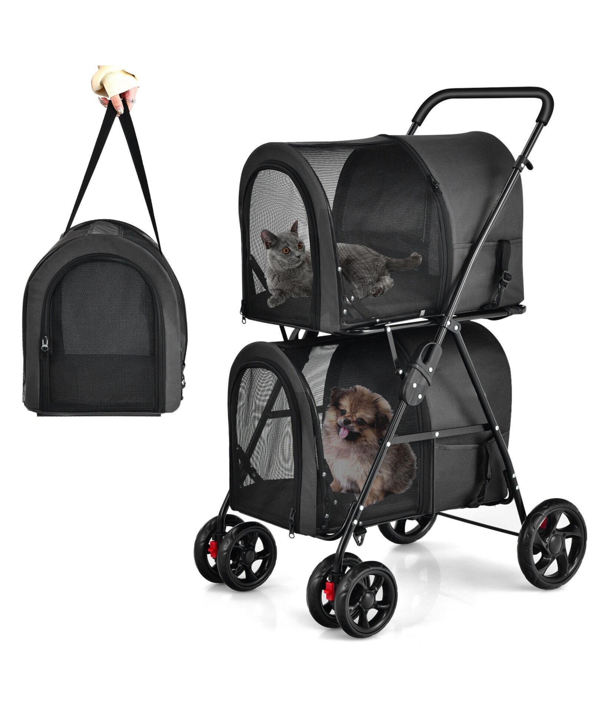 4-in-1 Double Pet Stroller with Detachable Carrier and Travel Carriage - Black