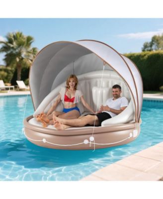 Inflatable Canopy Island Tanning Pool Lounger Float with Retractable Canopy