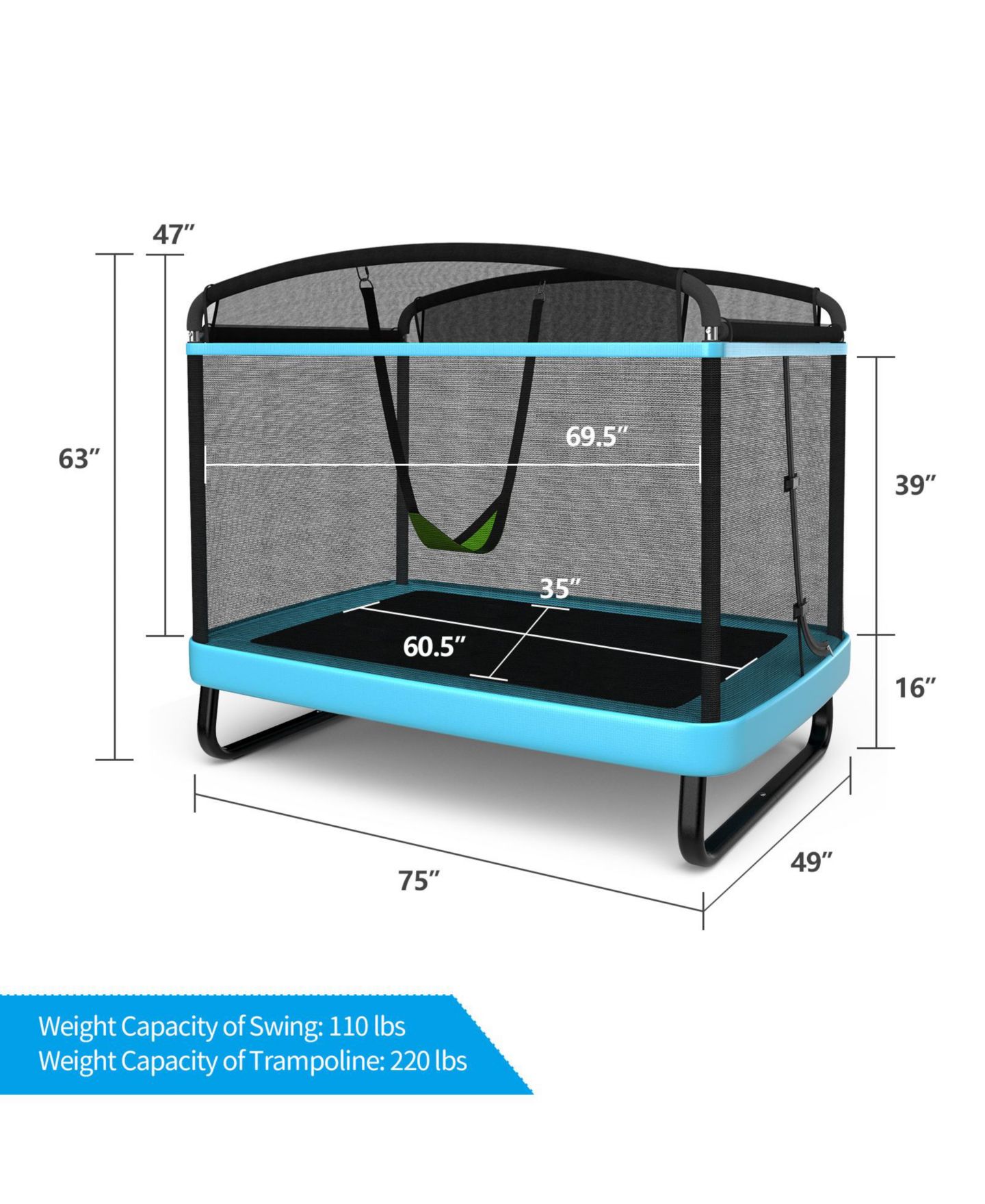 Детская игрушка Slickblue 2-in-1 Galvanized Steel Trampoline with Swing and Enclosure Net, Ages 3+, цвет: Синий — фото 4
