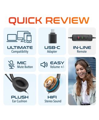 42Y USB Headset with Mic, Hi-Fi Stereo Sound, Over-Ear Computer Headset with Noise Cancelling Microphone, In-Line Controls, Compatible with PC, Laptop, iMac, Tablet & Smartphones - Black
