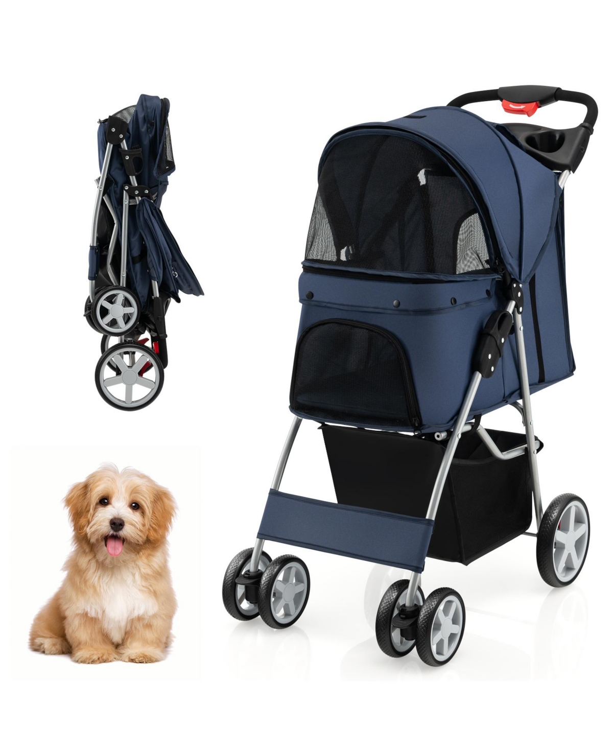 Folding Pet Stroller with Storage Basket and Adjustable Canopy - Navy