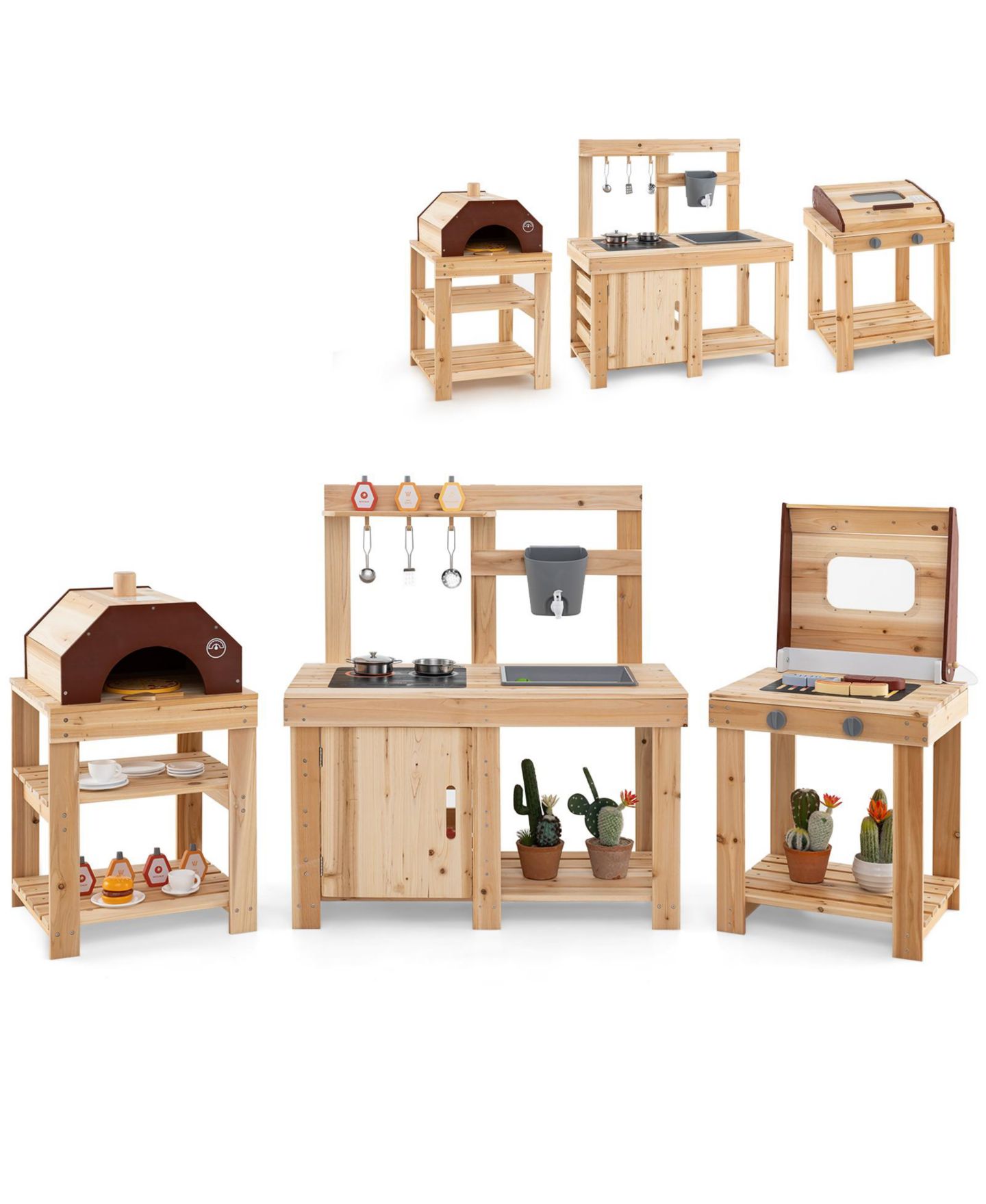 Детский игровой набор Slickblue Wooden Outdoor Mud Kitchen Playset with BBQ Grill, Pizza Oven and Kitchen Accessories-Light Brown, цвет: Светлый коричневый — фото 1