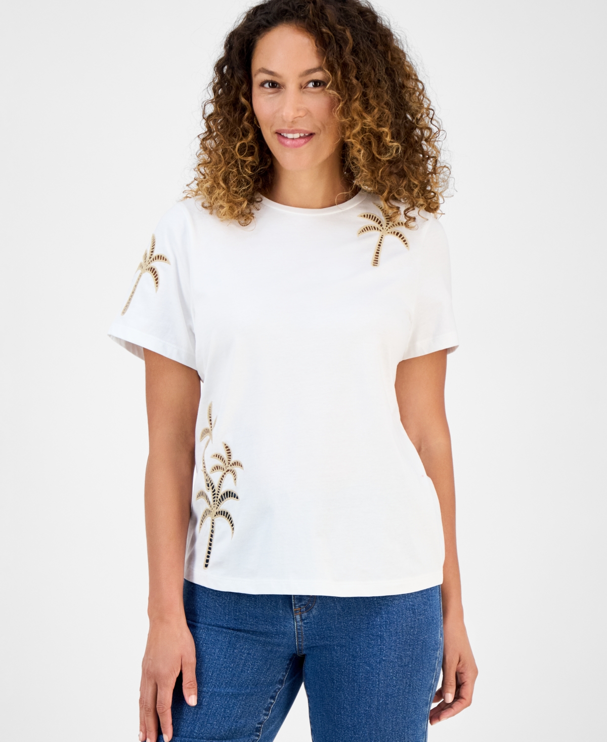 Inc International Concepts Petite Cotton Palm Crewneck Tee, Exclusively At Macy's