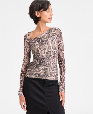 GUESS - Women's Bernardette Asymmetrical-Neck Long-Sleeve Top