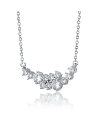 Sterling Silver White Gold Plated with Clear Moissanite Graduated Cluster Necklace