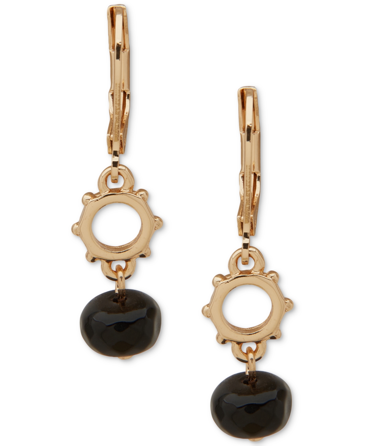 Gold-Tone Black Beaded Nailhead Drop Earrings - Black