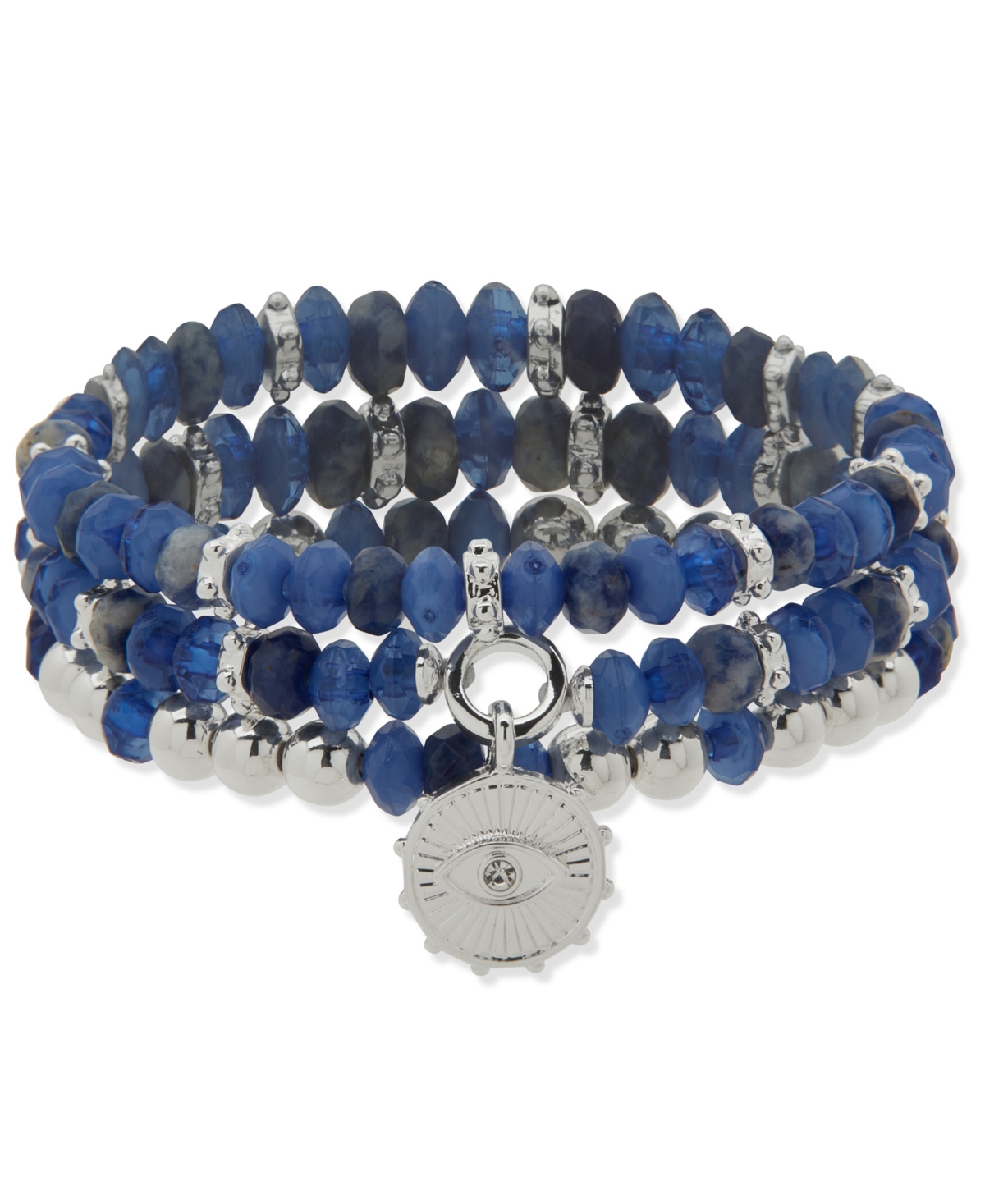 Metal-tone 3-Pc. Set Colored Beaded Stretch Bracelet - Evil Eye/Blue