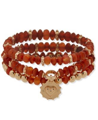 Anne Klein - Gold-Tone 3-Pc. Set Red Beaded Stretch Heart Charm Bracelet