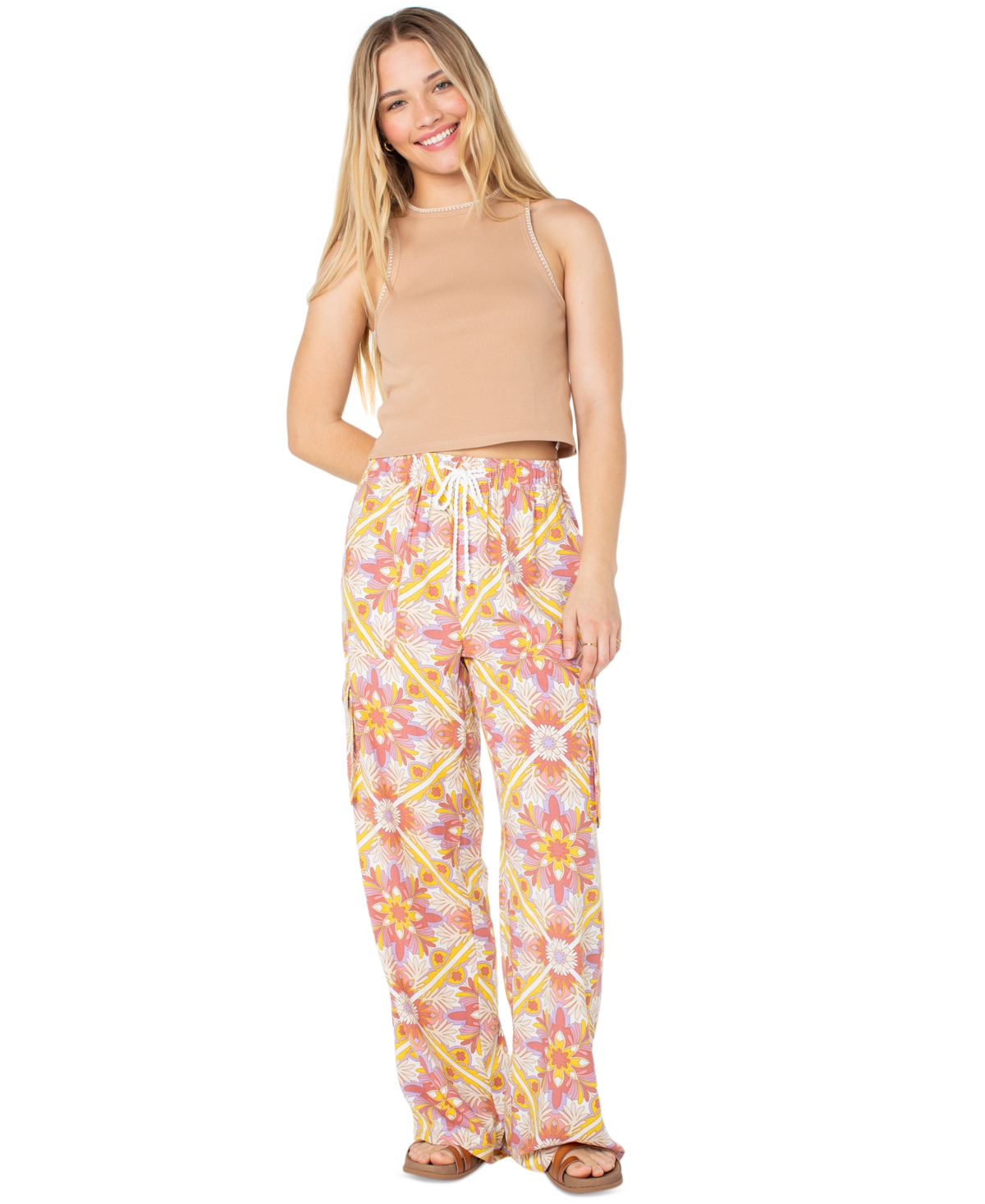 Juniors' Precious Cargo Printed Wide-Leg Pants - Aragon Mirissa Beach Tile Print