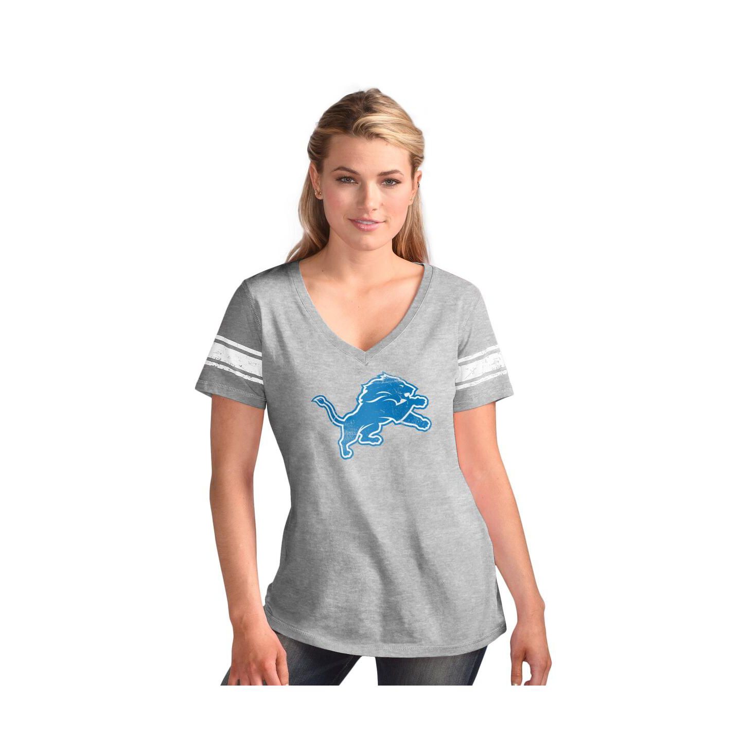 Женская футболка G-III 4Her by Carl Banks Heather Gray Detroit Lions First Pick Distressed V-Neck — фото 1