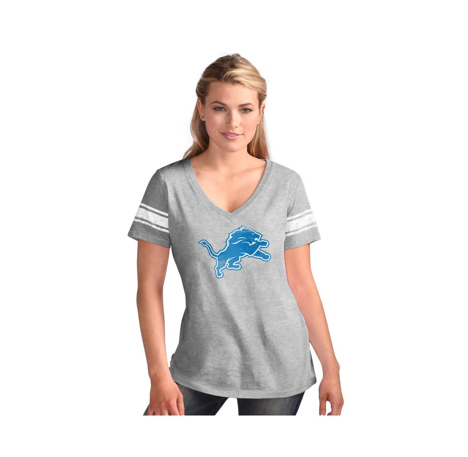 Women's Heather Gray Detroit Lions First Pick Distressed V-Neck T-Shirt