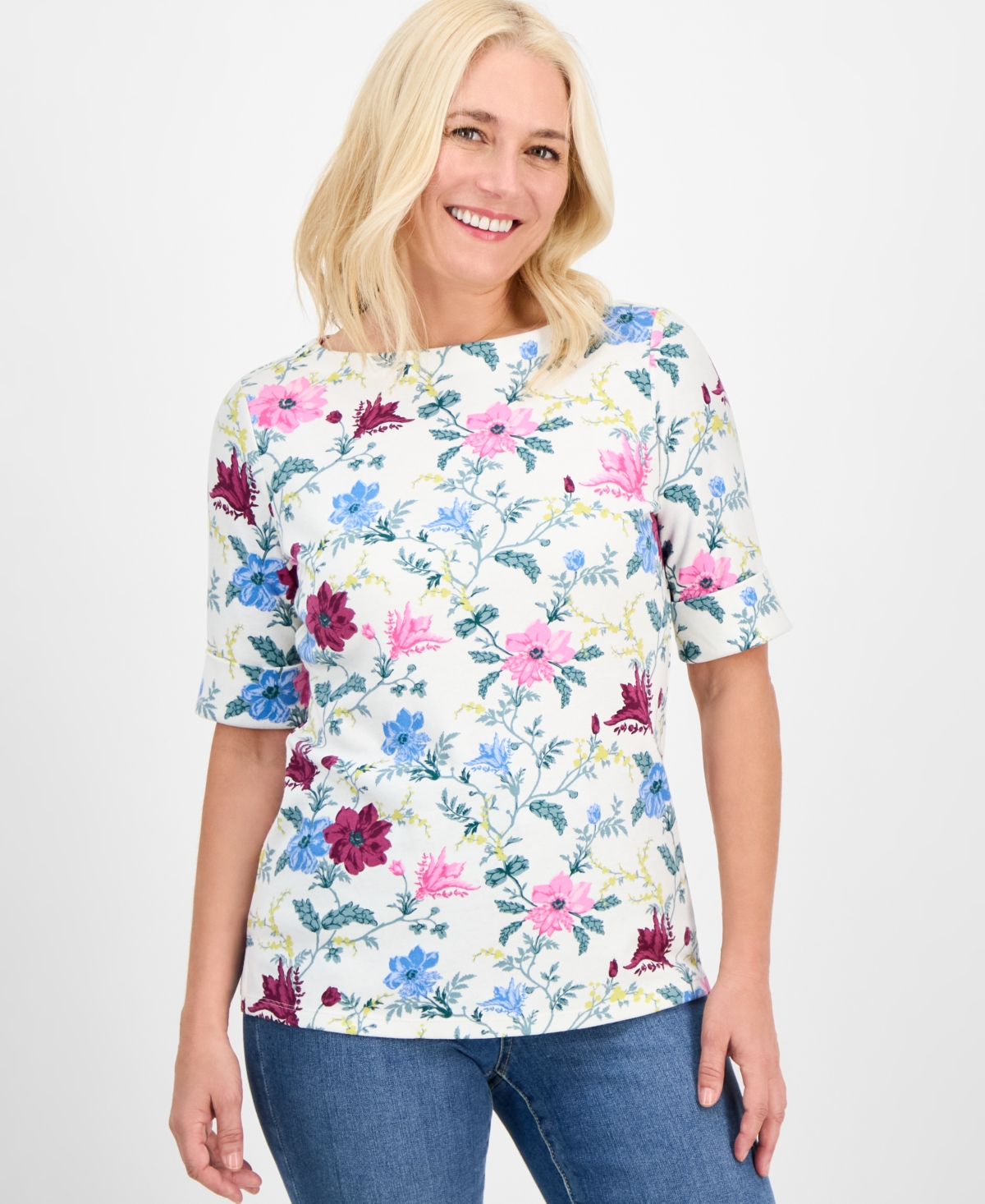 Women's Printed Boat-Neck Elbow-Sleeve Top, Exclusively at Macy's - Navy Floral