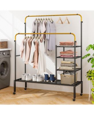 Rolling Double Rods Garment Rack with Height Adjustable Hanging Bars