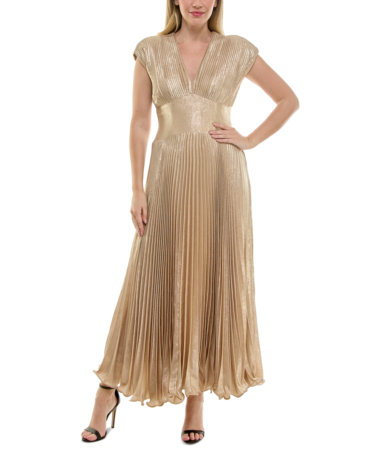Women's Metallic V-Neck Cap-Sleeve Pleated Gown - Light Gold