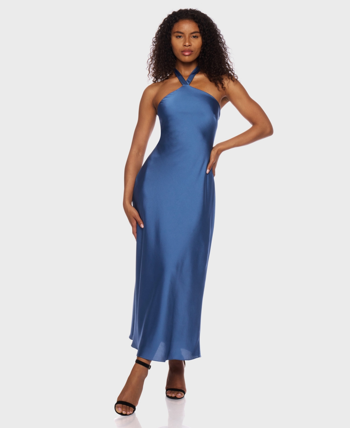 Juniors' Satin Halter Tie-Back Dress - Denim