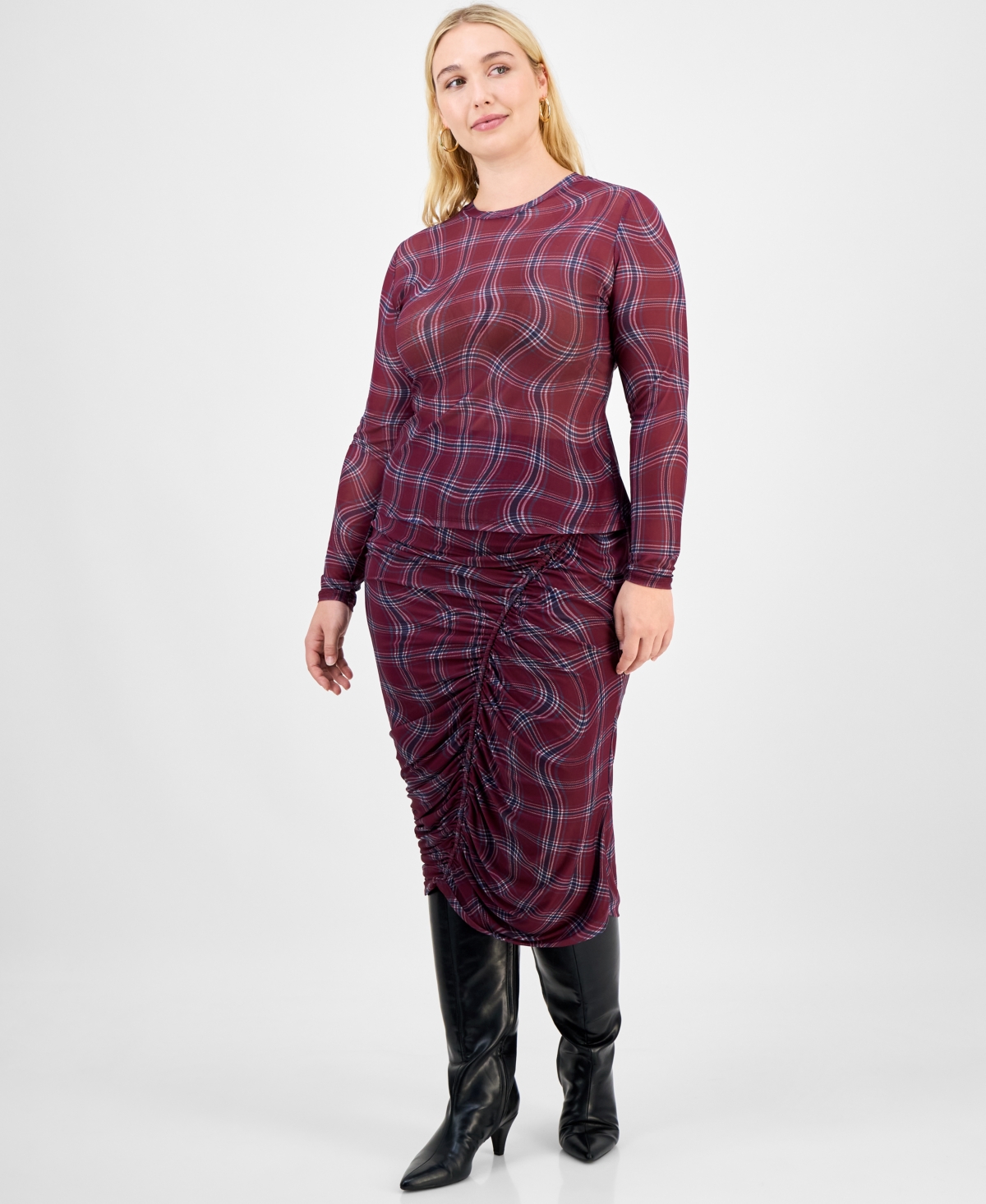 Bar Iii Trendy Plus Plaid Ruched Long-Sleeve Top, Macy's Exclusive