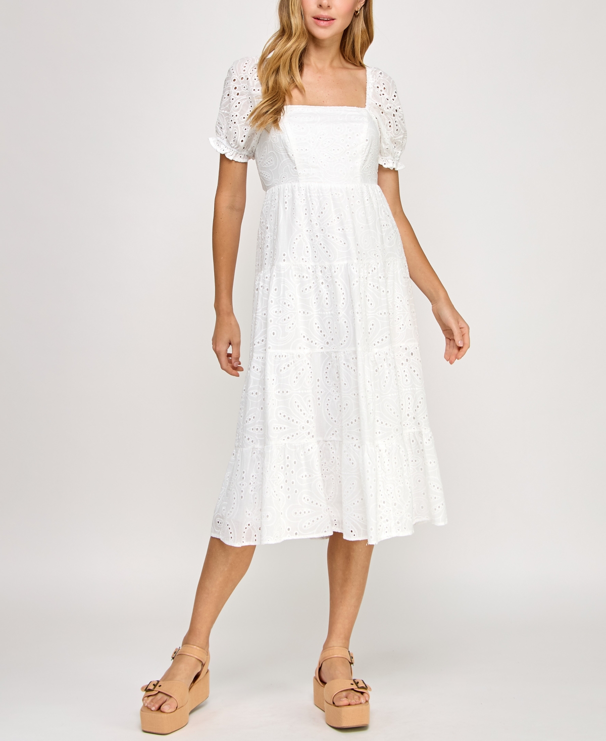 Juniors' Cotton Eyelet Tie-Back Tiered Dress - Ivory