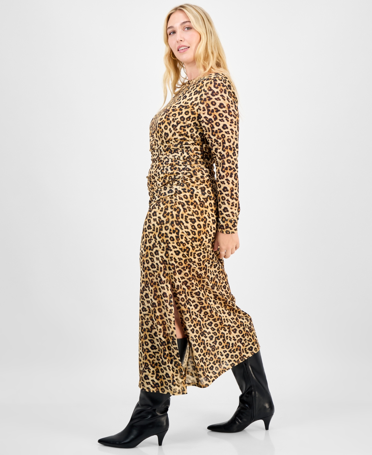 Bar Iii Trendy Plus Printed-mesh Ruched Midi Dress, Macy's Exclusive In Animal Print