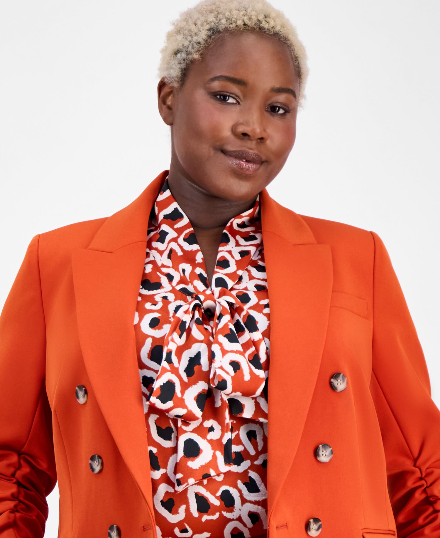 ASL Plus Size Double-Breasted Ruched-Sleeve Blazer