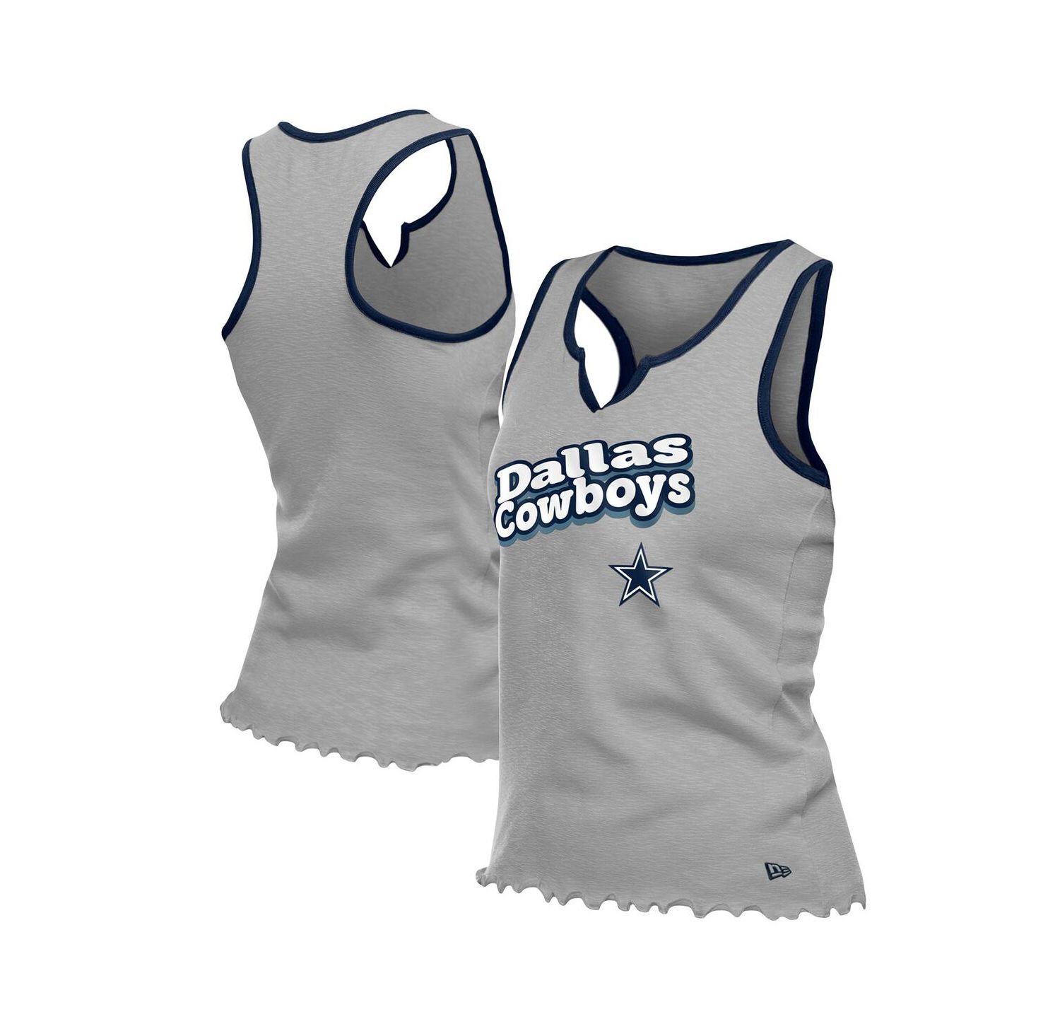 Women's Silver Dallas Cowboys Lettuce Hem Notch Neck Tri-Blend Tank Top