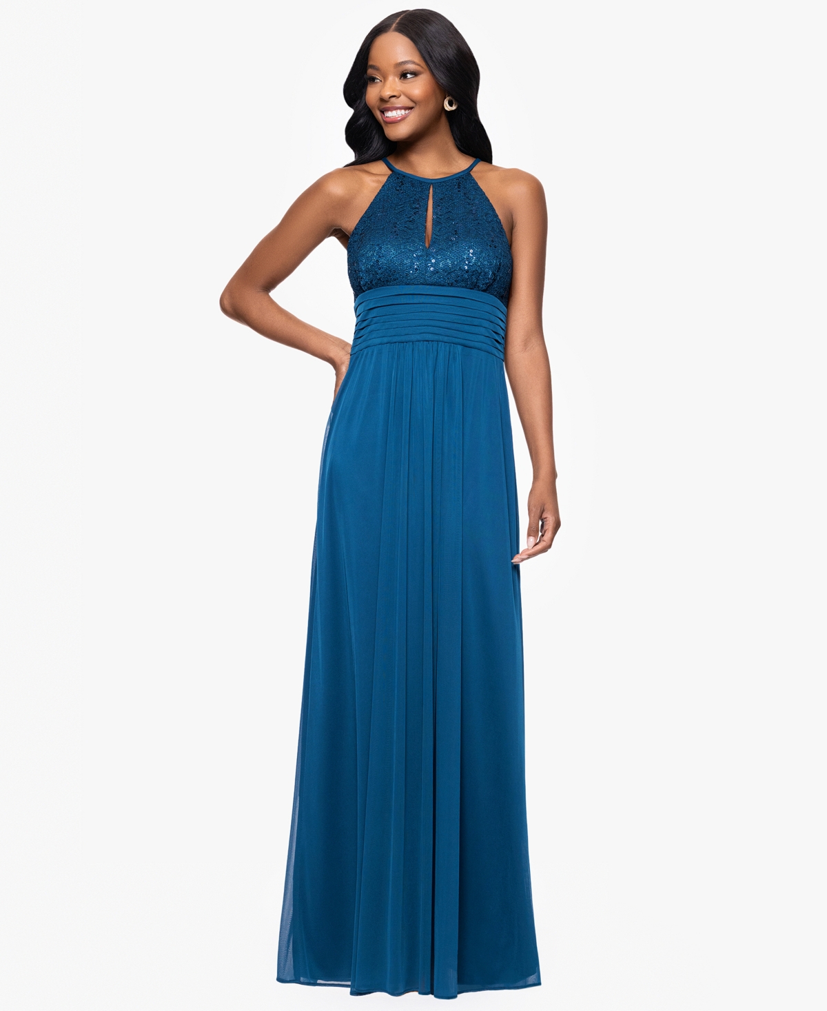 Petites Lace Long Halter Dress - Peacock