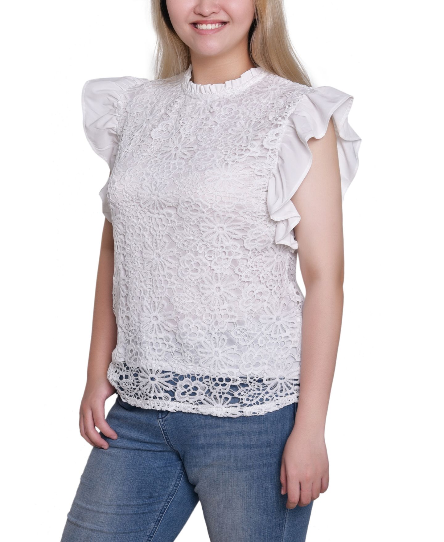 Женский топ NY Collection Petite Flutter Sleeve Lace, цвет: Белый — фото 3