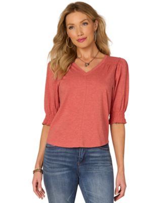 Democracy - Petite Smocking-Trim Blouson-Sleeve Top