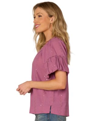 Petite Cotton Embroidered Bubble-Sleeve Top