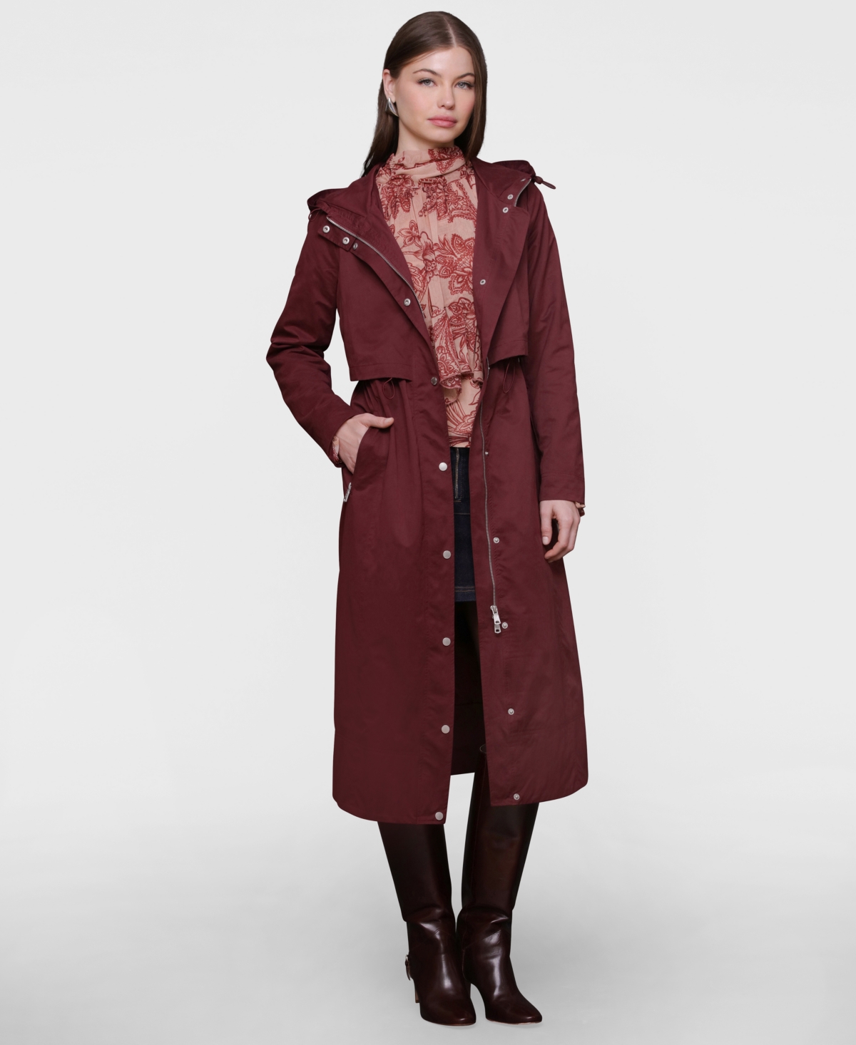 Avec Les Filles Hooded Long Coat In Burgundy