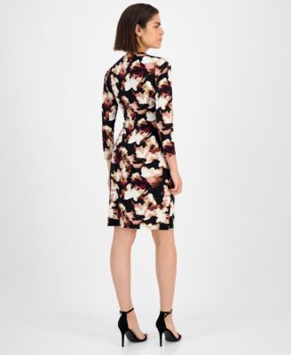 Petite Printed Faux-Wrap 3/4-Sleeve Dress