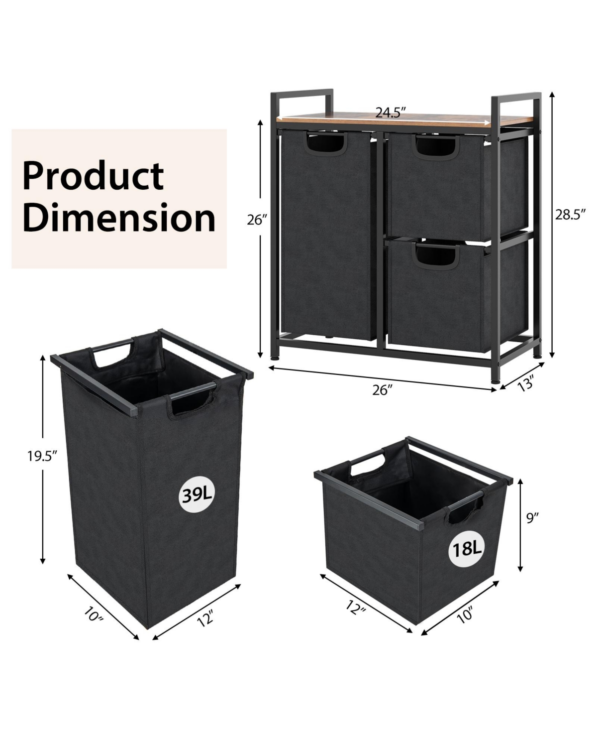 Volenca Laundry Basket Organizer Dirty Clothes Hamper with Shelf and 3 Removable Bags