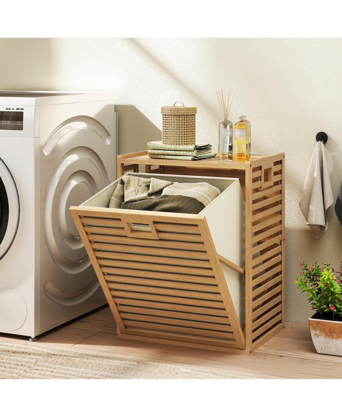 18 Gal Bamboo Tilt-out Laundry Hamper with Removable Fabric Bin