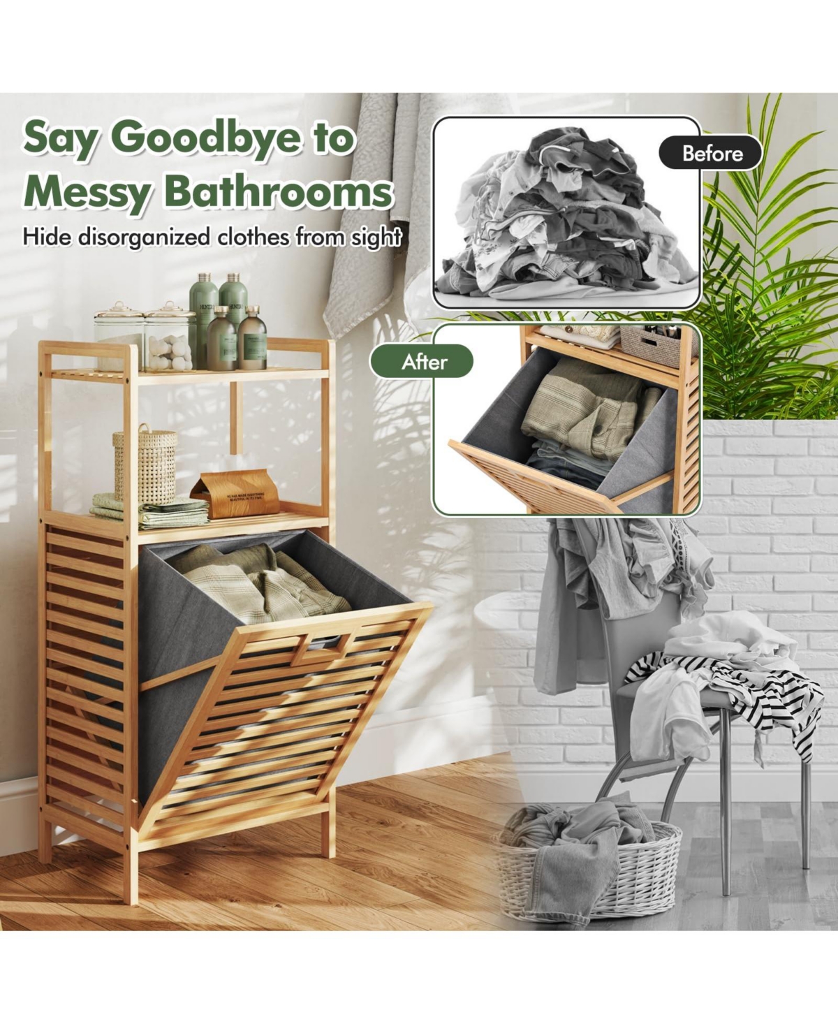 Volenca 2-Tier Bamboo Tilt out Laundry Hamper with Foldable and Removable Basket