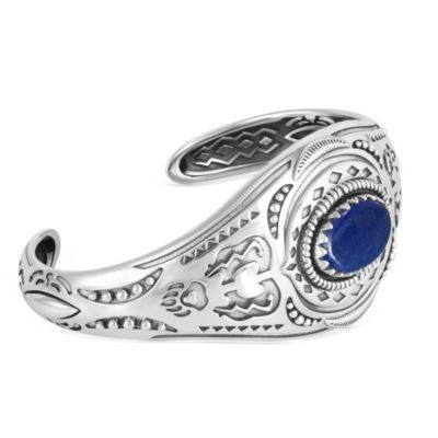 Sterling Silver Lapis Oval Cut Bear Cuff Bracelet, Size Small