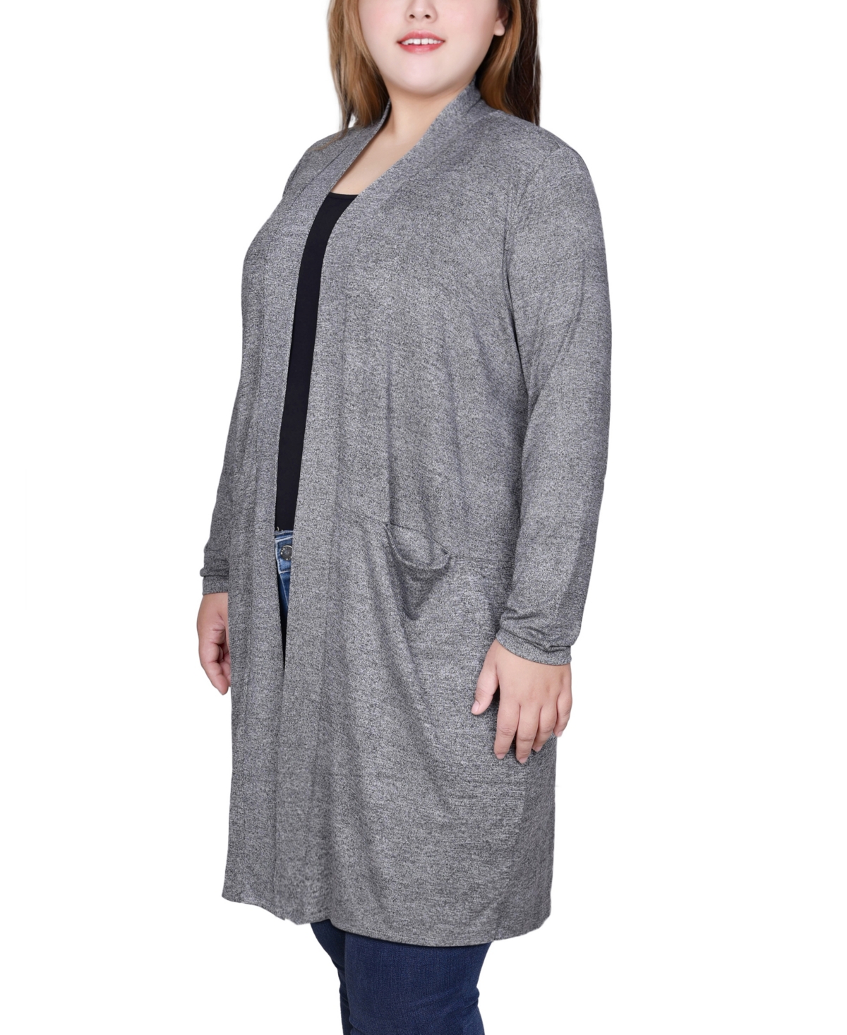 Ny Collection Plus Size Long Sleeve Knit Cardigan Sweater In Gray