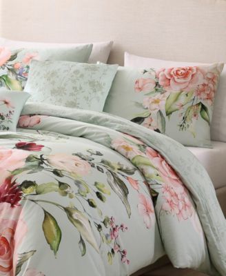 Rose on Misty Green 200 TC Cotton Sateen, Reversible 5 Pc. Comforter Set