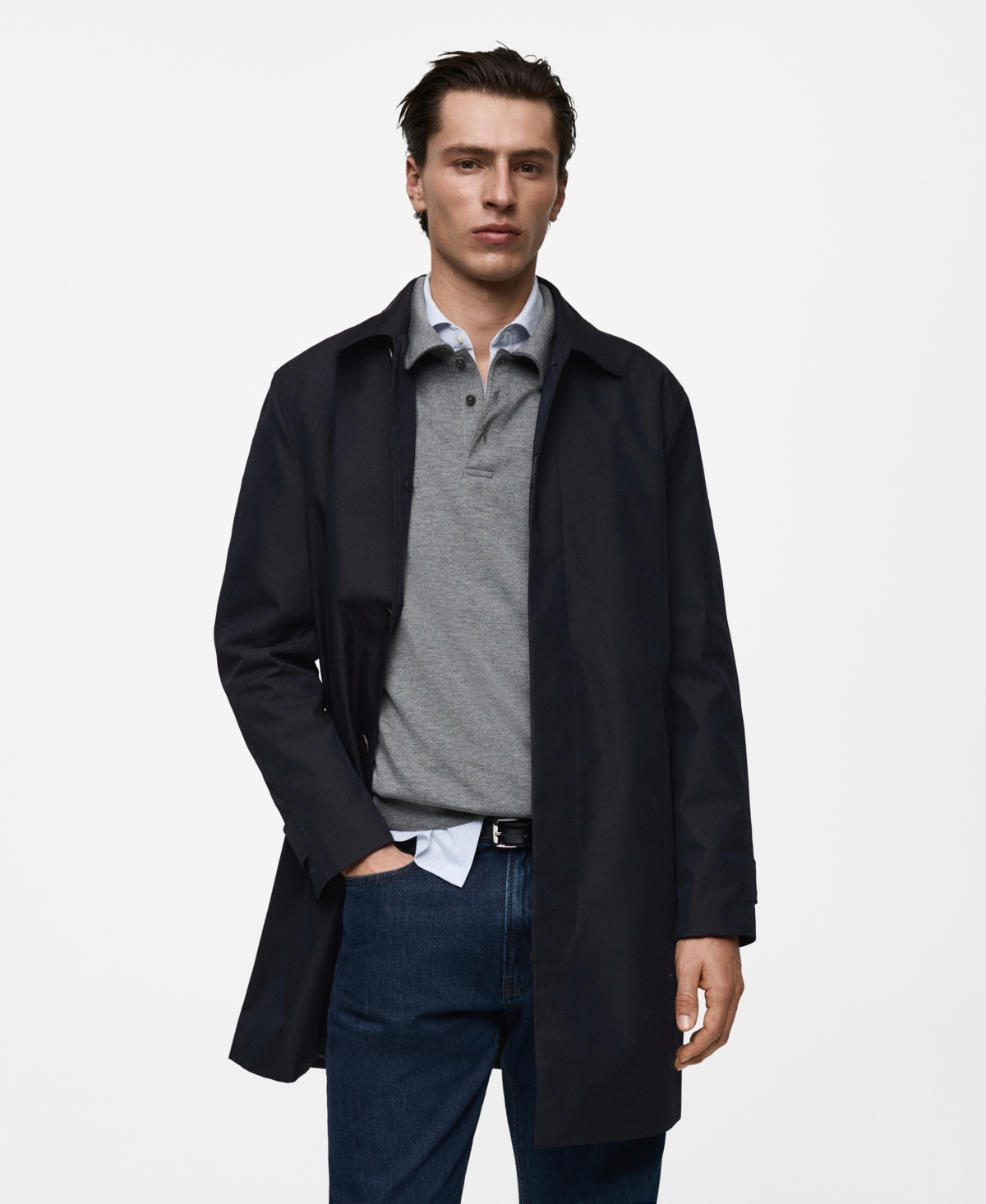 Men's Classic Water-Repellent Trench Coat - Dark Navy