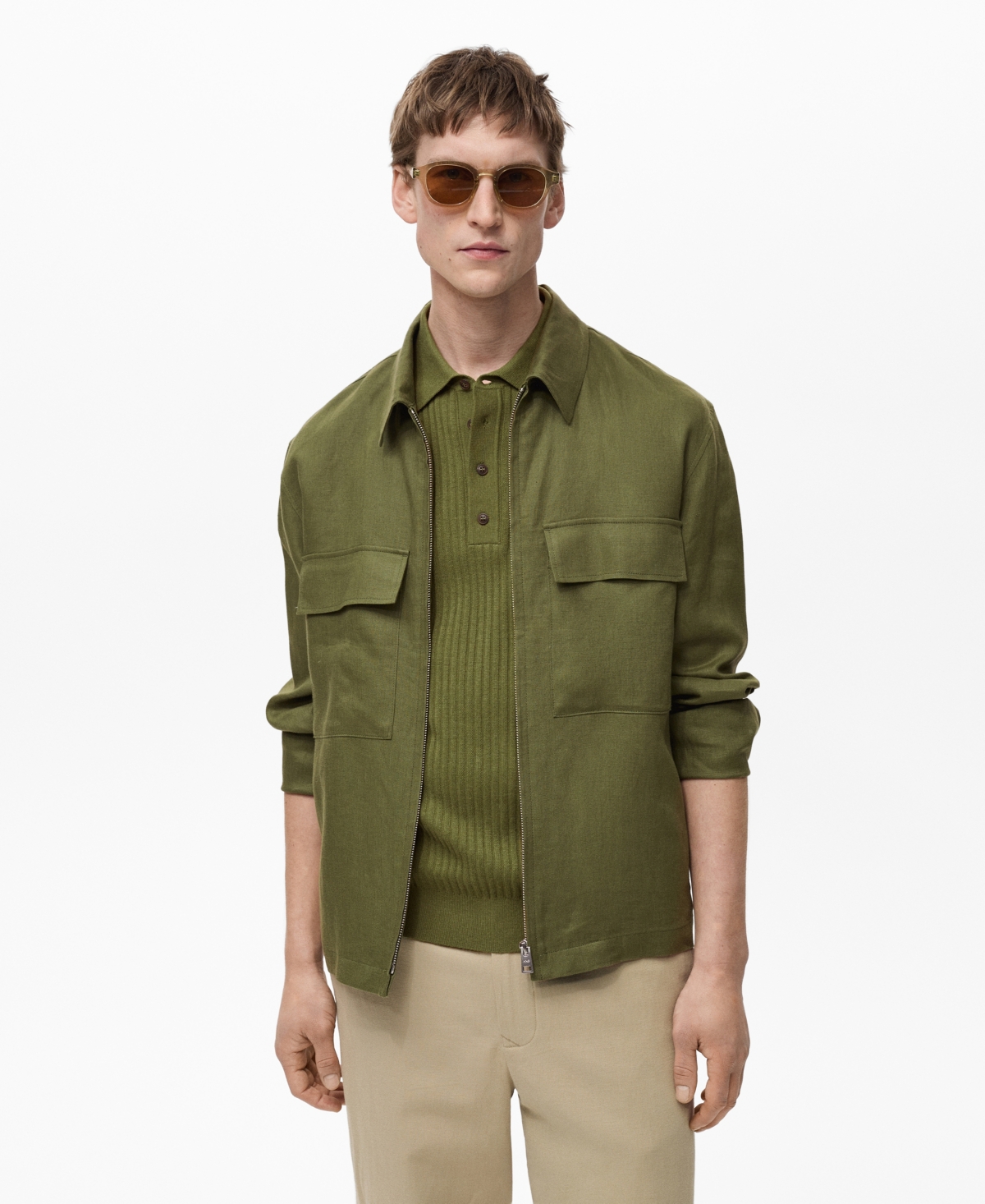 Mango Linen Jacket With Pockets In Green