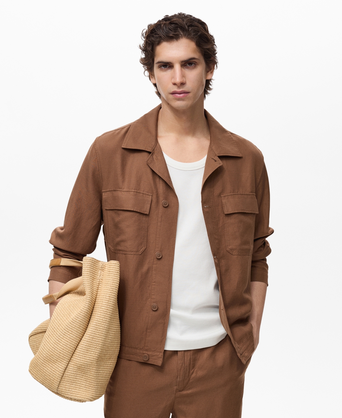 Men's Bowling-Style Linen Overshirt - Ivory White