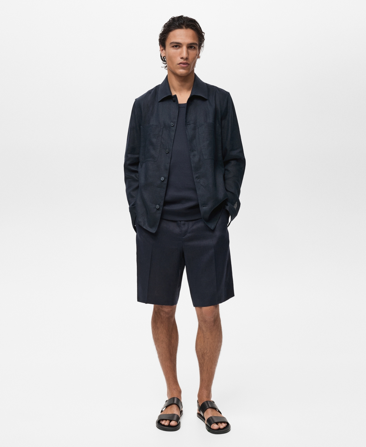 Mango Men's Linen Pockets Overshirt In Blue